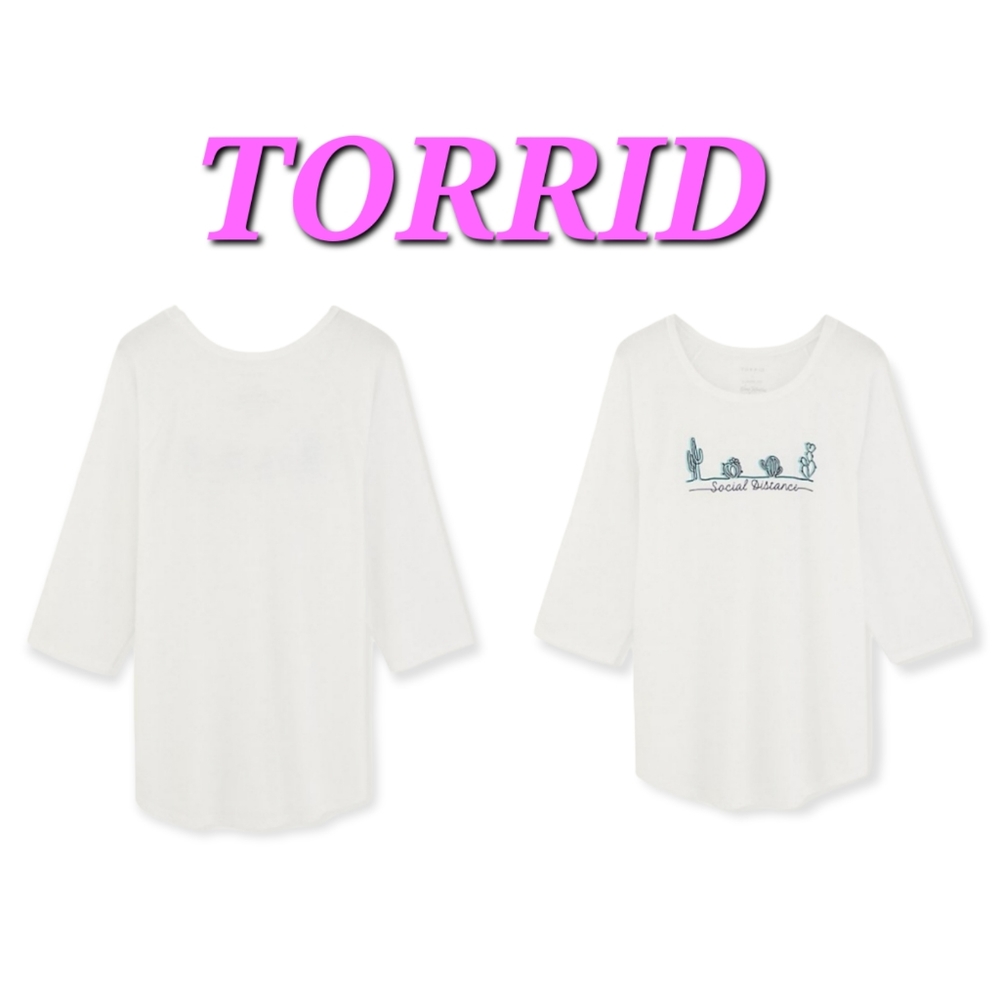 Torrid SOCIAL DISTANCE Caktus CLASSIC FIT RAGLAN TEE - TRIBLEND WHITE